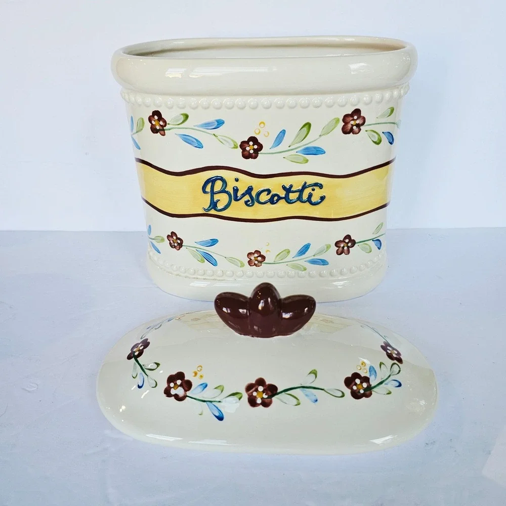 Nonni's Ceramic Biscotti Jar Floral Hand Painted Cookie Canister Farmhouse Decor